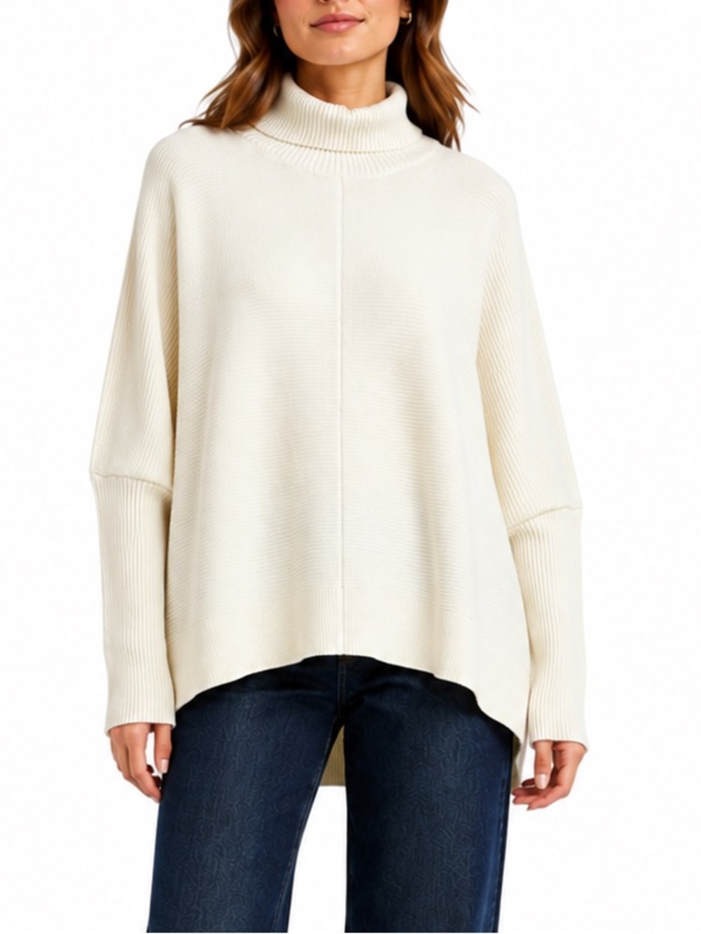 Poetsky Cream Ribbed Mock Neck Oversized Sweater XL Dolman Sleeve Cotton Blend